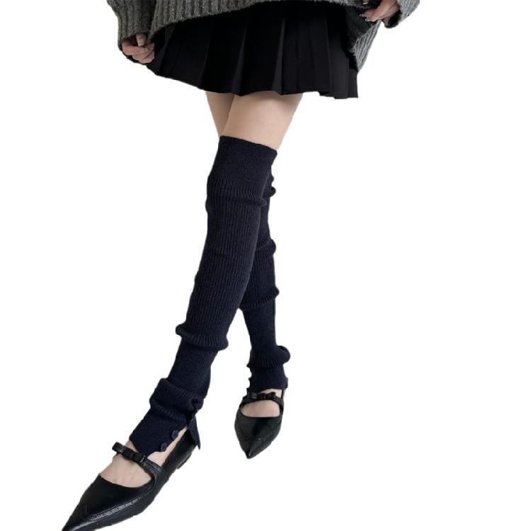Women Japanese Ribbed Knitted Leggings Gaiters with Slit Buttons Harajuku Aesthetic Thigh High Leg Warmer Footless Socks