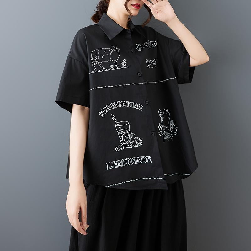 DIMANAF 2026 Plus Size New Spring Summer Blouse Short Sleeve Casual Shirt Women Loose Tops Shirts Cotton Black Print