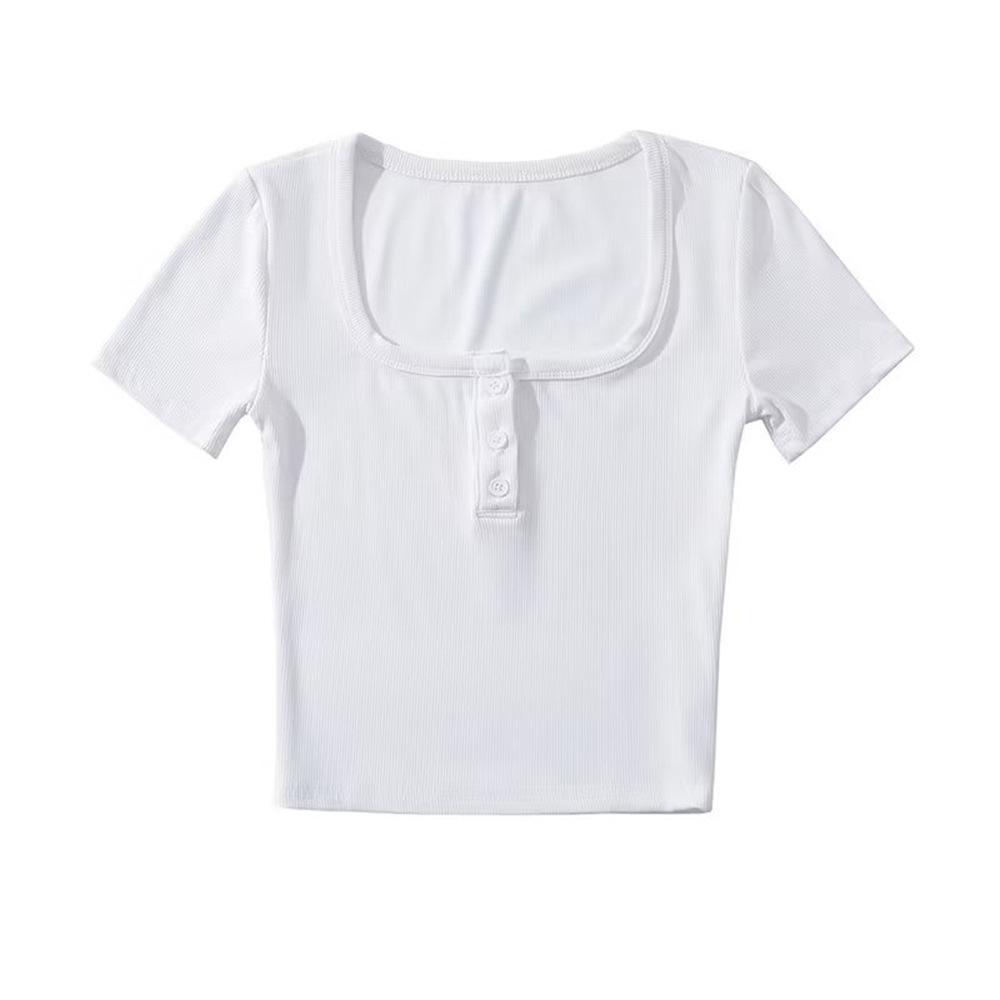 YPFF Women's Retro Square Neck Button Short Sleeve Crop Top