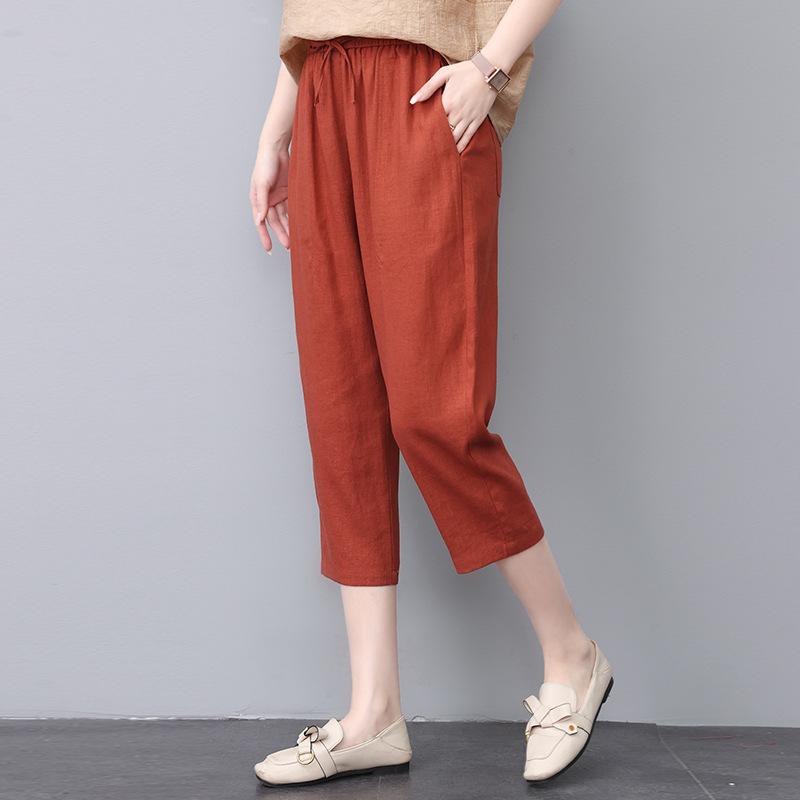 

Женские летние брюки 2025 года из хлопка и льна, приталенные, повседневные - длиной семь восьмых Large красный/ржавый