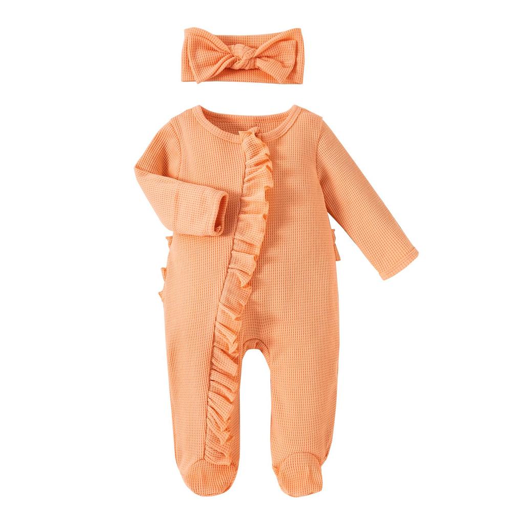 Footies för spädbarnsflickor 3M 6M 12M Enfärgade krusiduller Rundhals Långärmad Baby Jumpsuits Nyfödda Kläder Bodysuits med pannband