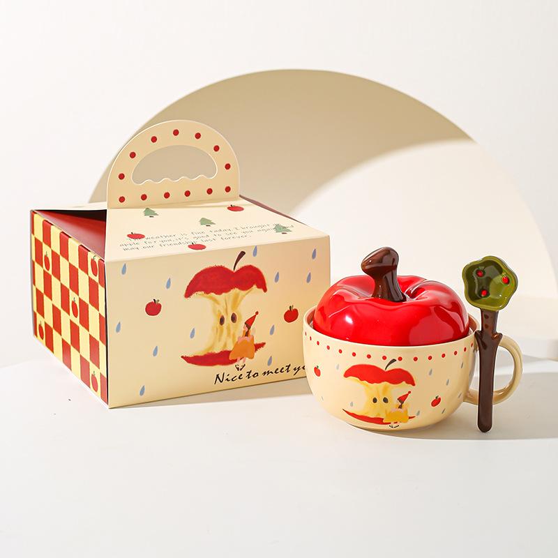 Creative Apple Ceramic Bowl High Value Spoon Instant Noodle Bowl Girls Girlfriend Souvenir Christmas Gift