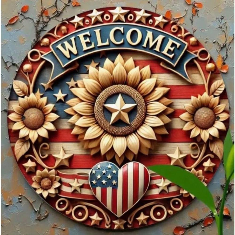 Metal Wall Art, Patriotic Heart Wreath with USA Flag, Decorative for Door