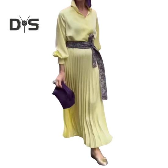 Women Dress Lapel V-Neck Long Sleeve Lace-up High Waist Long Dress Solid Color Pleated Hem Shirt Dress