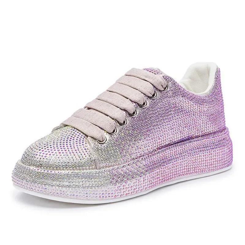 Fashion 2025 Autumn Leather Women Shoes New Style Fashion Pink Platform Shoes Ins Platforms Sneakers Tide Shine Bling Rhinestone Shoes