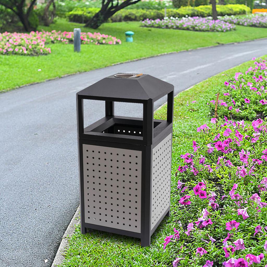 15 Gallon Grey Commercial Trash Can with Ashtray, 56L Large Capacity Outdoor Garbage Bin, 16x33 Inch Industrial Waste Container