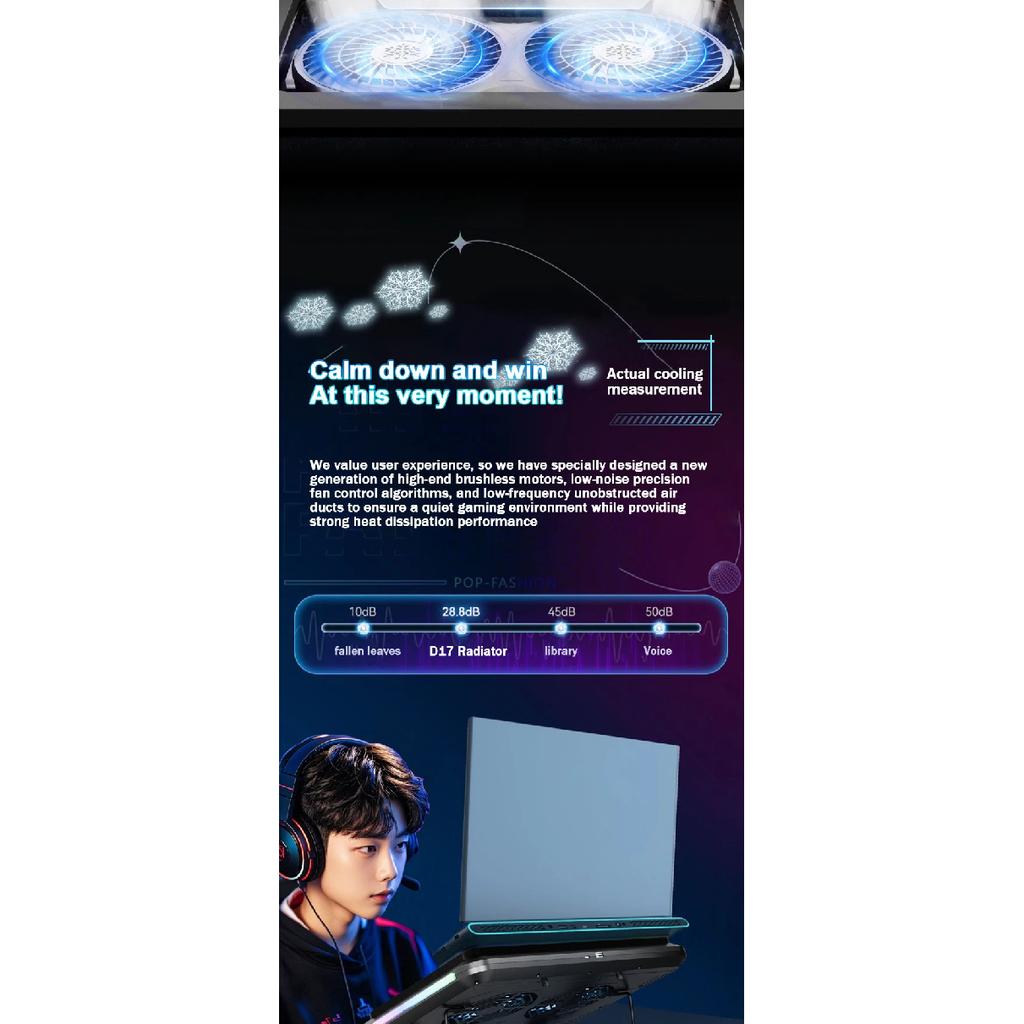 D17 Gaming Laptop Cooling pad for 15-21'' Notebook Cooler Stand w/ RGB Light 2 Fans 5 Angle Adjustable LED Screen Laptop Bracket