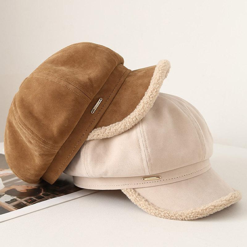 Autumn and winter suede composite burr octagonal hat women's thickened warm retro letter label newsboy hat fashion cap