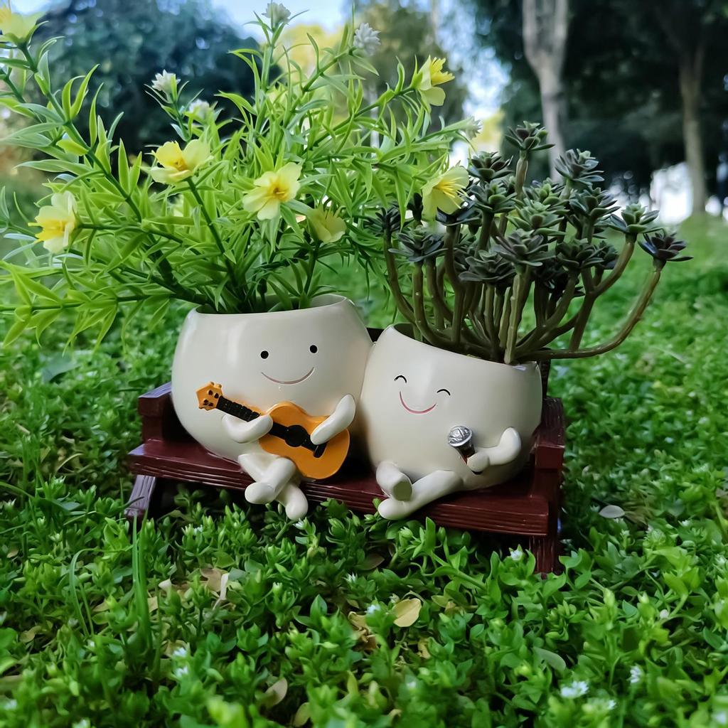 Resin Pot for Flowers Double Head Face Indoor Outdoor Plants Resin Pot for Cactus Monstera Aloe Garden Patio Porch Windowsill