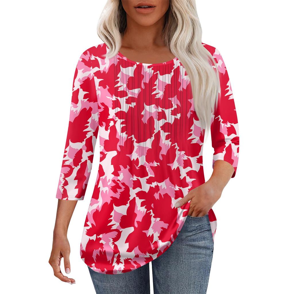 Women's Fashionable Casual Pleated Round Neck Casual Floral Print Seven Quarter Sleeved T-shirt Top