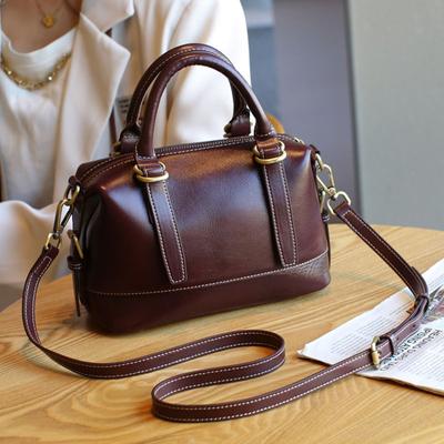 Bolsa Boston de Couro Genuíno de Ombro Único Transversal com um Toque de Alta Qualidade Bolsa Pequena de Mão em Couro de Vaca
