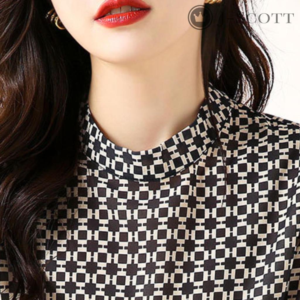 Printed Long Puff Geometric Sheer Stand Korean Tall Sweet and Spicy Mix Design Short Looks Silky Summer Looks Looks Designed Fashion [J-Scott] Blouse,