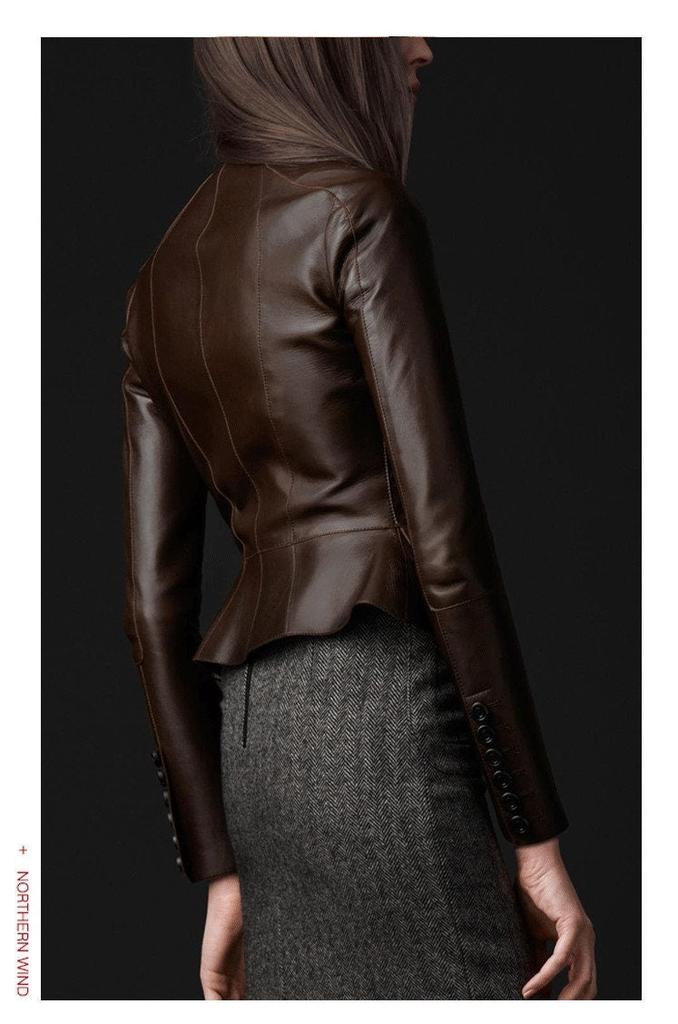 Dam ÄKTA Mörkbrun Lammskinn,Stilfull Läderblazer,Handgjord Slim Fit,Läderblazer,Midi Blazer,Utsvängd Stil,Blazer för Affärsmöte