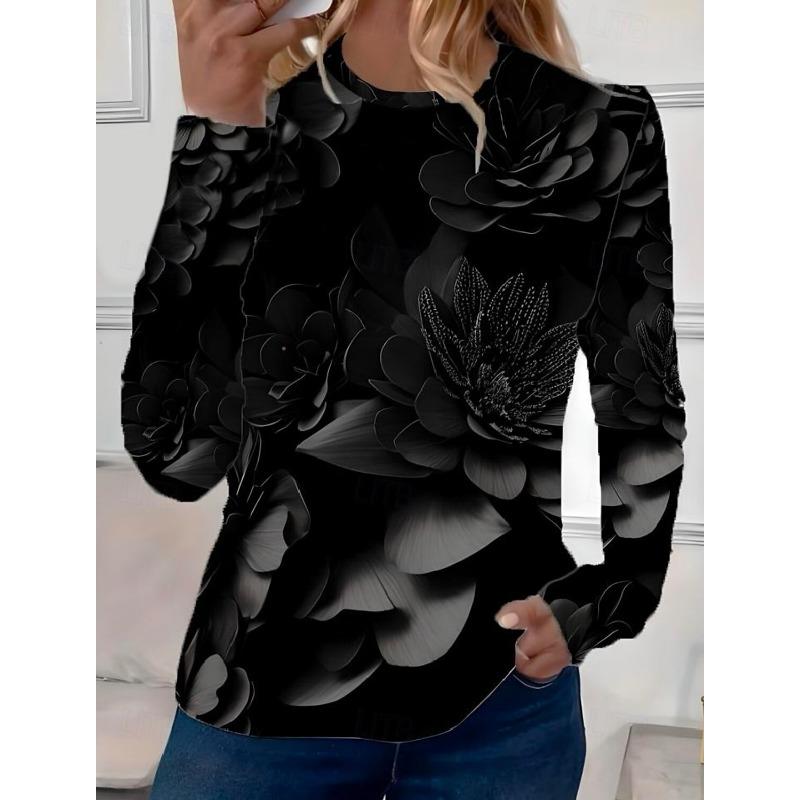 Fashion Women's Vintage Flower Graphic O-Neck Long Sleeve T-Shirt Casual Tops Womens Clothing Harajuku Female Clothing Pullover