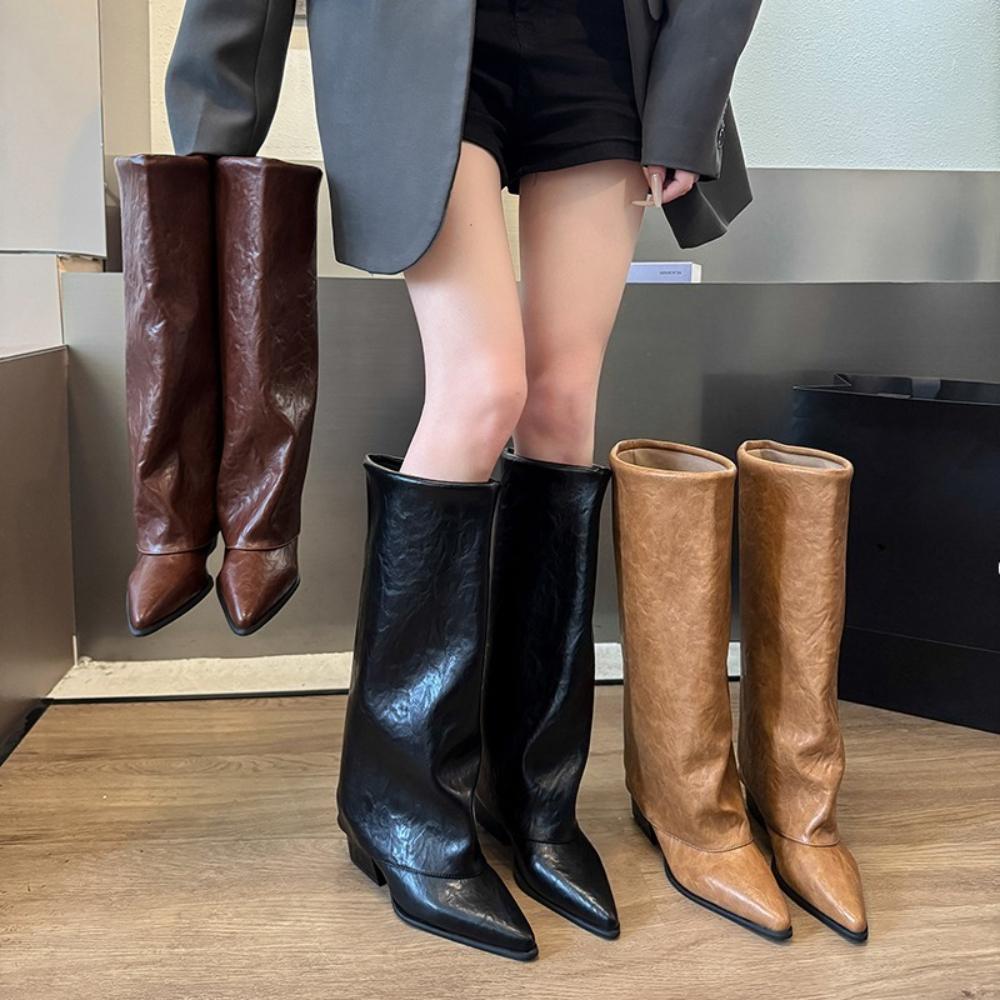 Fashion Women Pointed Toe High Boots Fashion Sexy Mid Heels Shoes Woman Chunky Trend Chelsea Boots Pumps Elegant Women's Boots