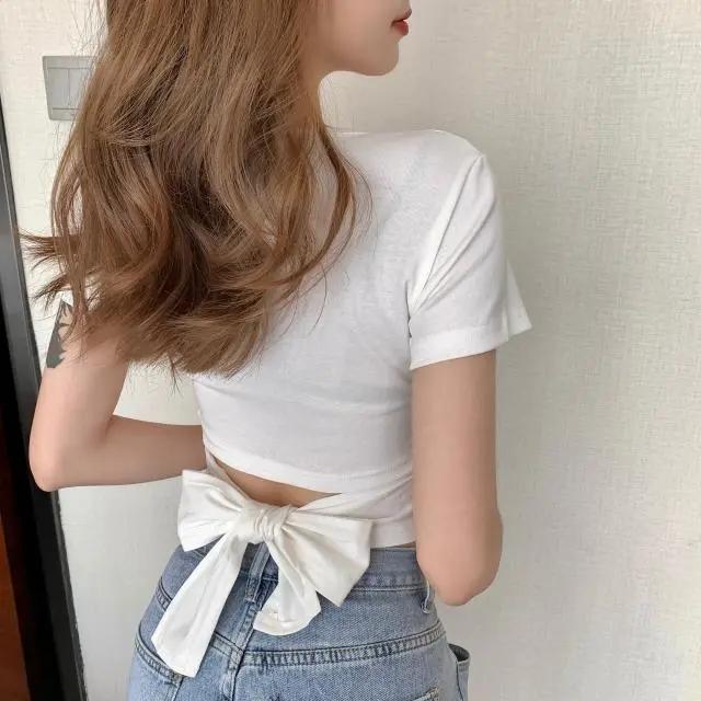 

Футболка с короткими рукавами, женская летняя футболка для самосовершенствования, топ с v-образным вырезом и высокой талией, модная универсальная рубашка с красивой спинкой M белый