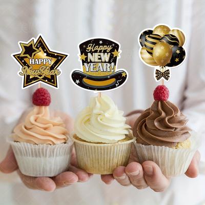 24 Pcs New Year Eve Party Cake Decorations Gold Glitter Inserts Festive Decoration Accessories