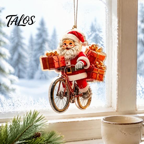 Wooden Santa Claus Decorations 8/16/24/32Pcs 2D Flat Christmas Ornaments, Riding Bicycle Hanging Rustic Tree Supplies Decor, Pendant for Home Holiday