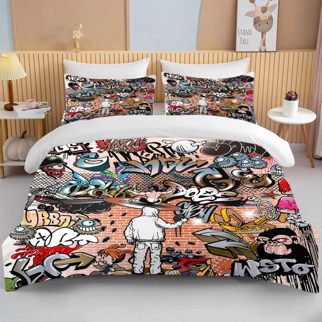 10 Sizes Fine Graffiti Pattern Bedding 3 Piece Set King Size Double Bed Bedding Set Microfiber or Polyester Duvet Cover Set