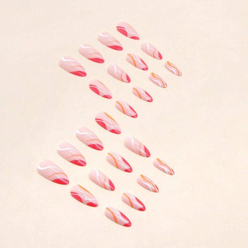 Pink & Rose Red Wave Printed Almond False Manicure Ultra-flexible Long Lasting Fake Nails for Women and Girl Nail Salon