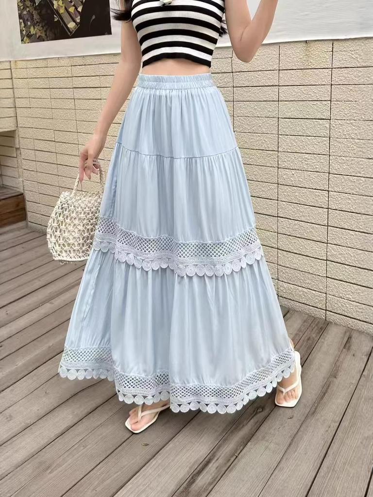 French Lace Patchwork A-line Elastic Waist Skirt