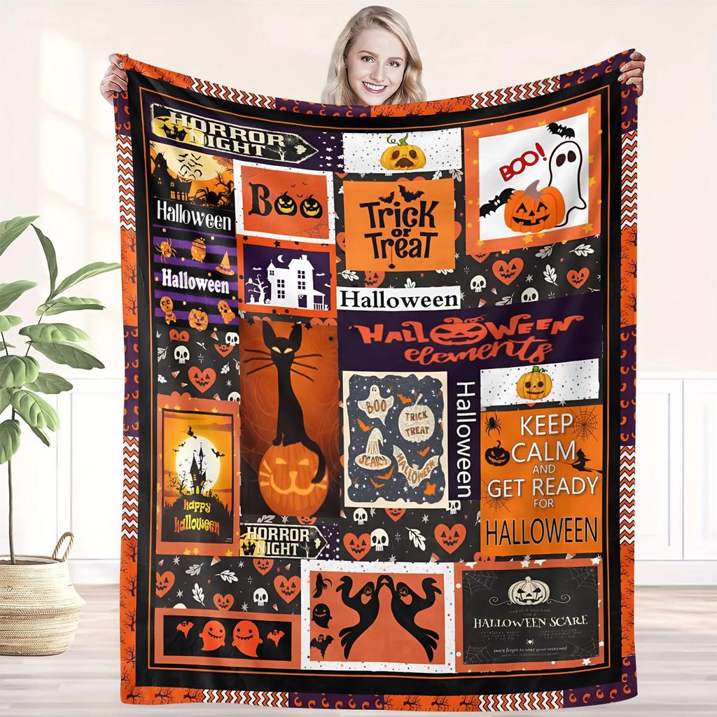 Flannel Halloween Blanket Vibrant Halloween Motifs Print Flannel Blanket For Adding Spooky Charm To Home Stylish Durable