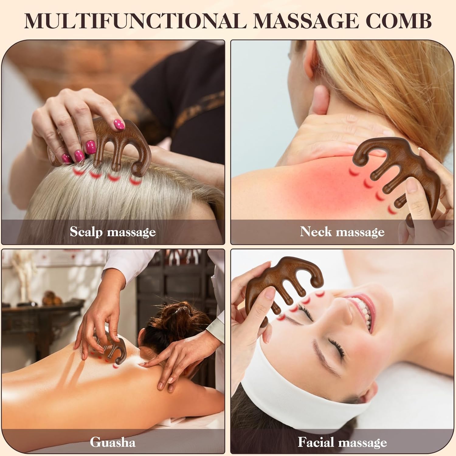 

Wooden Scalp Massage Beauty Comb, Handheld Wide Tooth Hair Comb Gua Sha Massager - Hair care, Acupoint Massage, neck, facial M темно-коричневого кольору