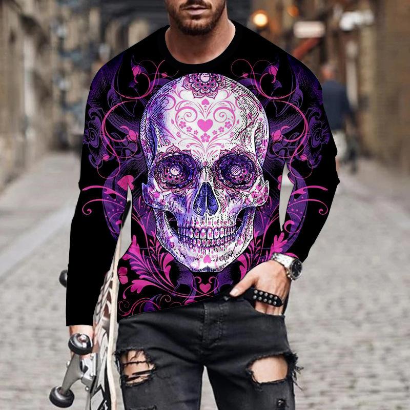 Jarní a podzimní pánská trička s dlouhým rukávem, módní a ležérní, s 3D potiskem vzoru lebky a kulatým výstřihem
