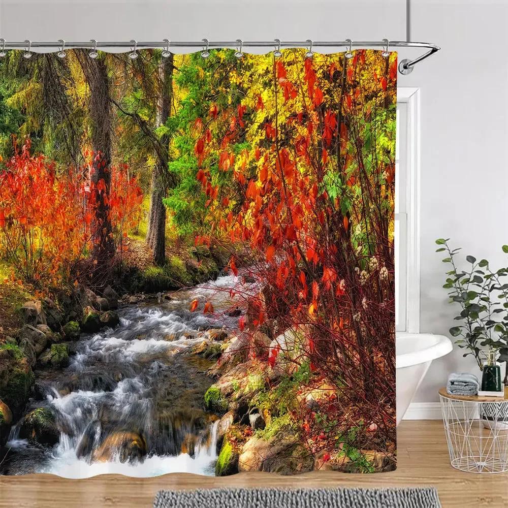 

Beautiful Autumn Landscape Shower Curtain Forest Lake Fire Red Golden Leaves Nature Landscape Fabric Bath Curtain Bathroom Decor W60H190(CM)-1 Pcs