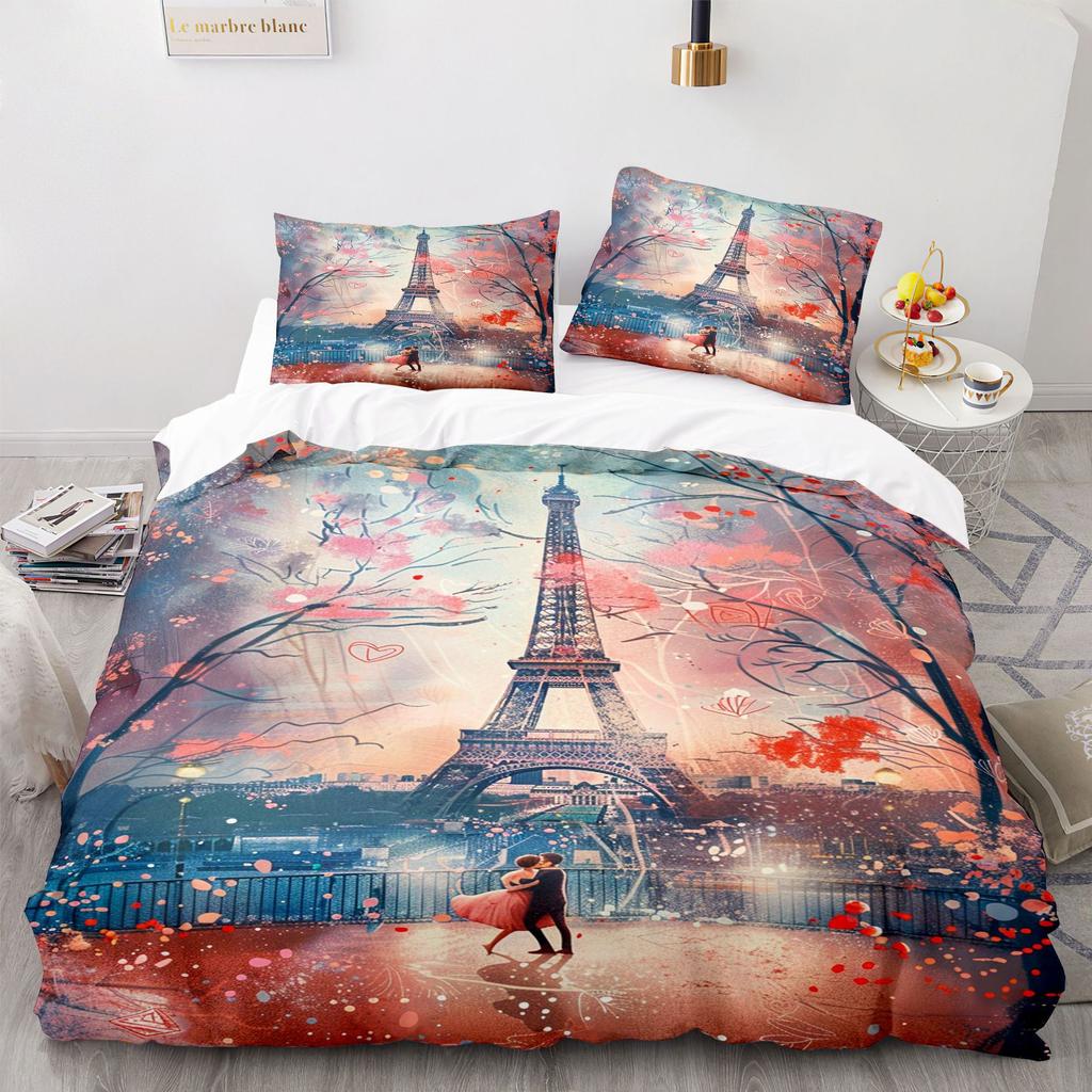 Paris Tower Pattern Duvet Cover, Cartoon City Architecture Bedding Set,Tower Quilt Cover for Kids Adults Bedroom Decoration