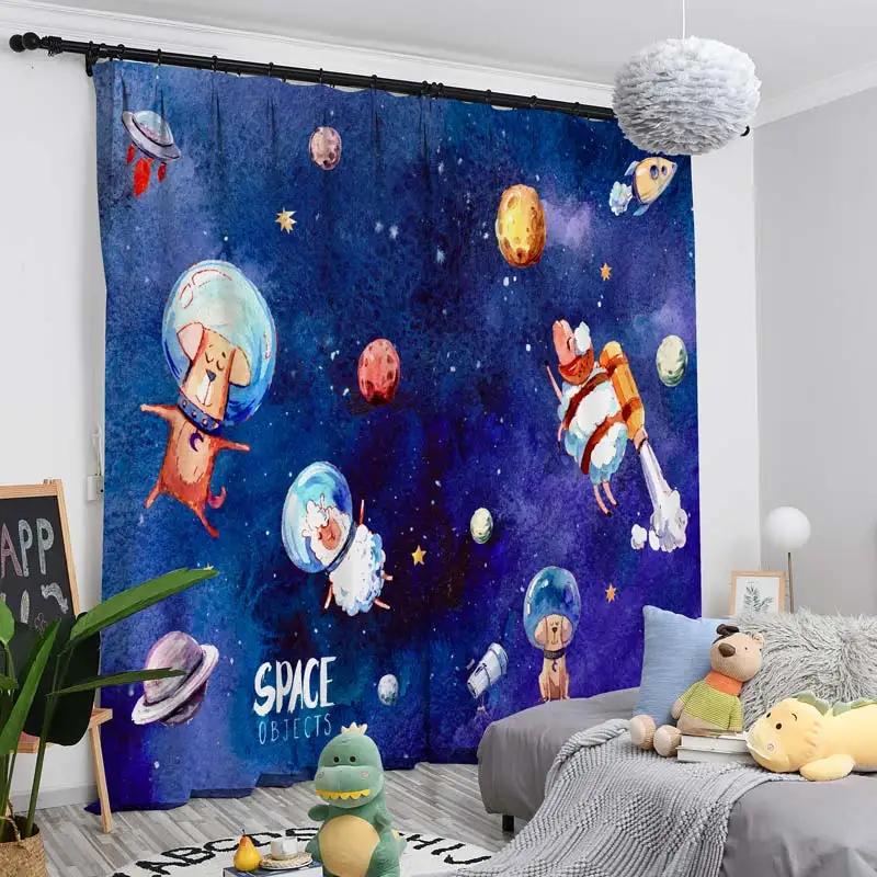Cartoon High Shading Curtain Children's Room Boy Bedroom Astronaut New Bay Window Sunscreen Blackout Sound Insulation Drape 2Pcs