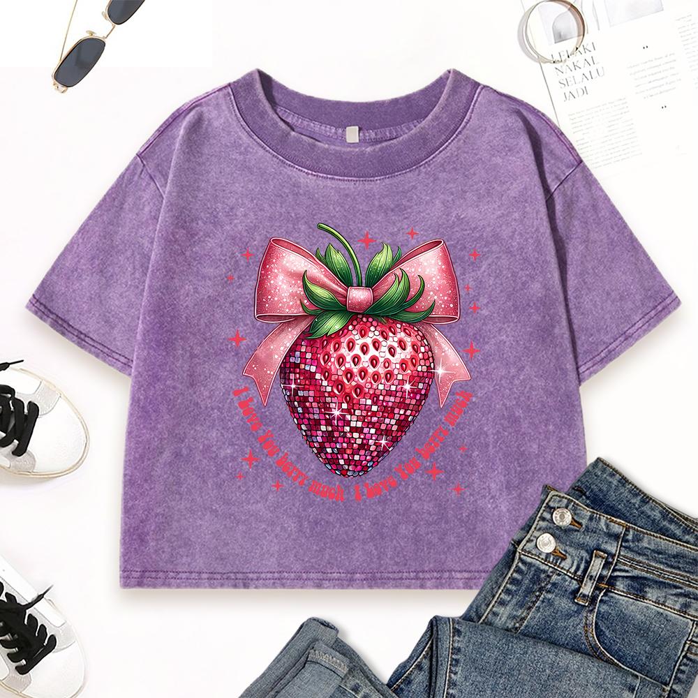 I Love You Very Much Strawberry Prints Womens Washed T Shirt Cotton Fitness T-Shirts Y2K Summer Crop Top Clothes