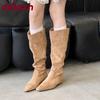Fashion Fashion Flock Women Knee High Boots Heels Shoes With Height Increasing Ladies Long Modern Boots Female Slip On Shoes lady