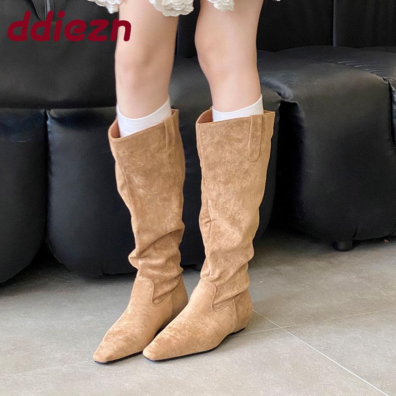 Fashion Fashion Flock Women Knee High Boots Heels Shoes With Height Increasing Ladies Long Modern Boots Female Slip On Shoes