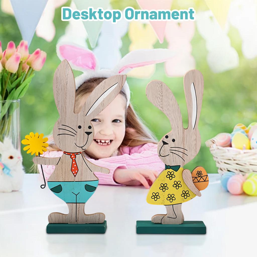 2pcs Wooden Bunny Decor, Cute Easter Bunny Table Ornaments For Living Room Bedroom Shelf Desktop