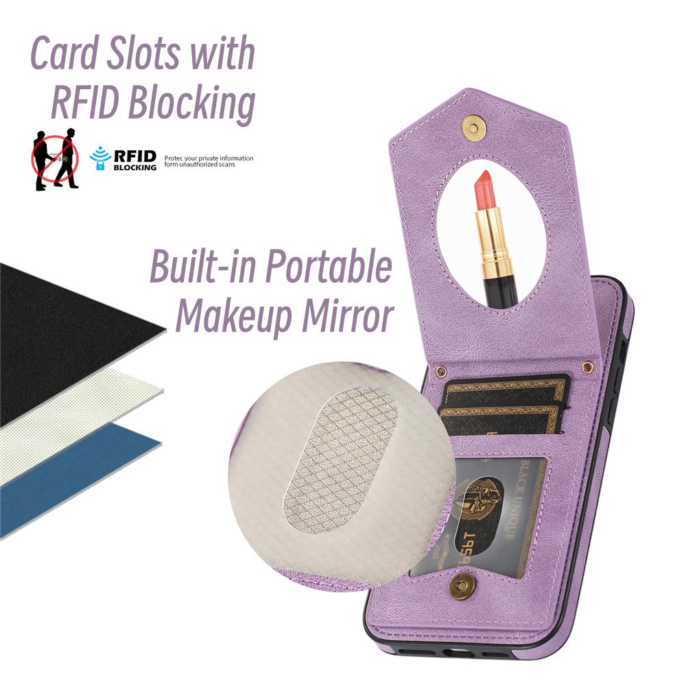 RFID Blocking Leather Case for iPhone 16 14 15 13 11 12 Pro Max XR Xs Max 8 7 Plus 16E Makeup Mirror Wallet Card Holder