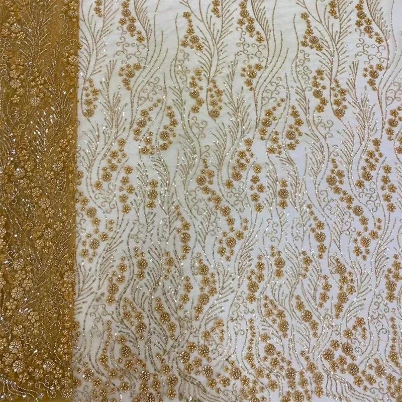 1Yard Luxury African Lace Fabric with Embroidery Flower Glitter High Quality Heavy Sequin French Beaded Lace Fabric for Sewing
