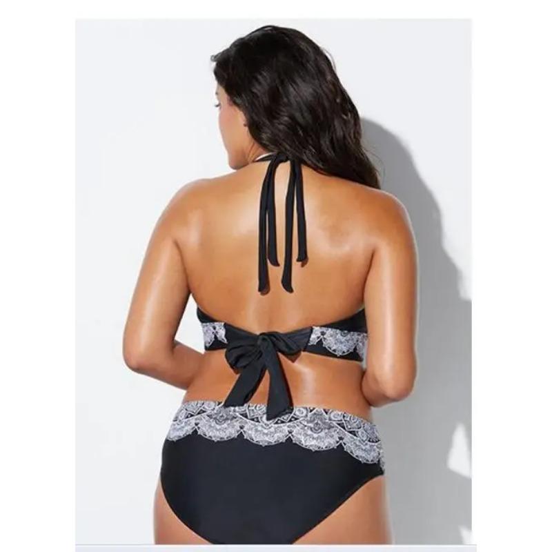 2025 Swimwear High Waisted Two Piece Plus Size Large Size Plus Fat Printed Swimsuit Women Back Chalaza Bikini Beach Bathing Suit