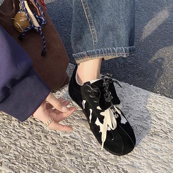 Grape Mom Studiolee Vintage Round Head Leopard Print Flip Actual Soft Leather Lace-up Dexun Forrest Gump Board Shoes Women's Autumn