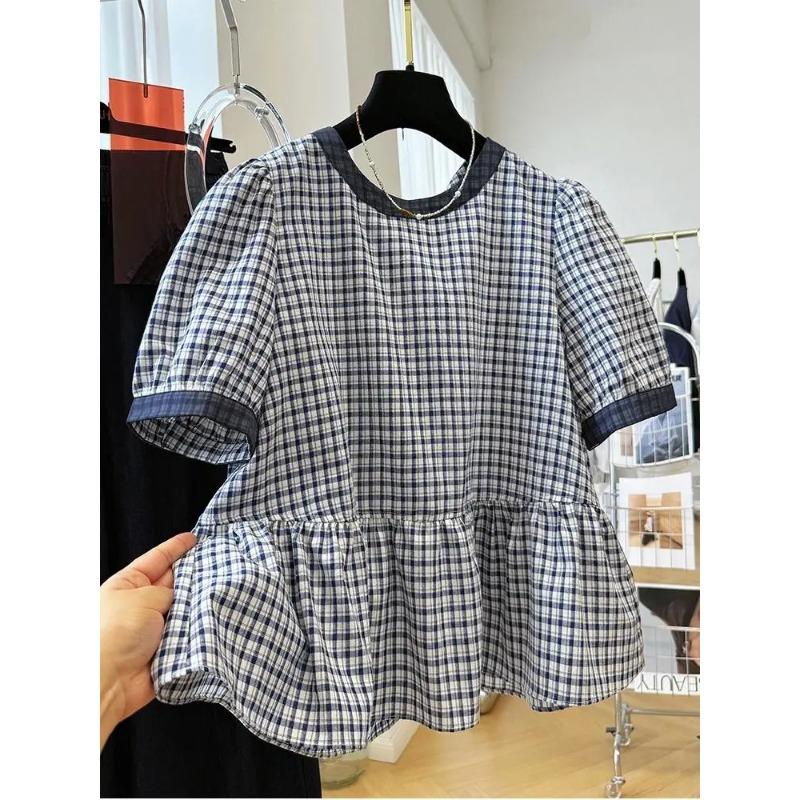 Women Plaid Print Puff Sleeve Blouse Round Neck Ruffle Hem Casual Top