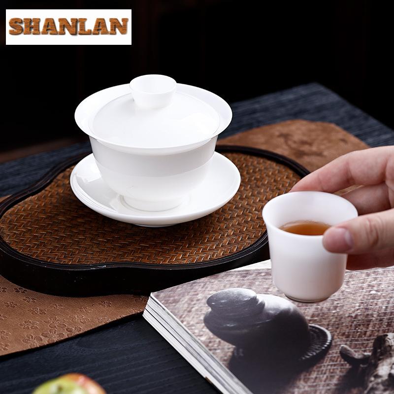 190ml High-end Sheep Fat Jade Porcelain Gaiwan Vintage Thin Tire Three Talents Tea Tureen Tea Maker Cover Bowl Tea Ceremony Gift