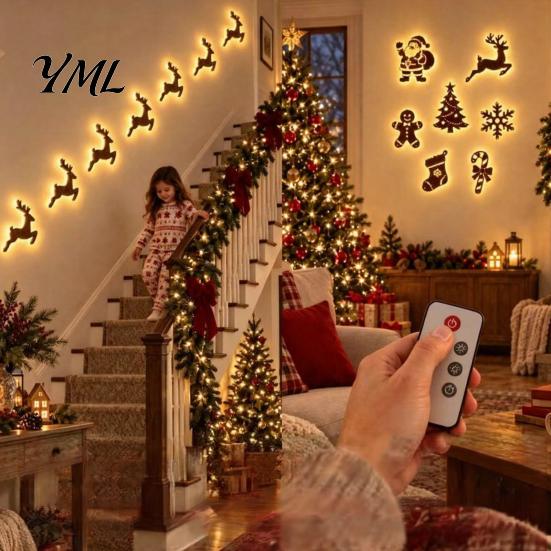 Seasonal Interior Wall Lighting LED Reindeer Decoration, 3D Light-Up Wooden Christmas Glow Silhouette Lights, Warm Backlit Lighted Art Peel And Stick