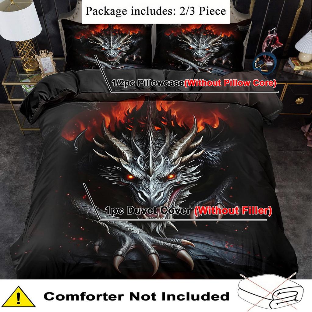 2/3Pcs Mysterious Dragon Print Duvet Cover Set King Queen Size Polyester Bedding with Pillowcases Machine Washable for Bedroom