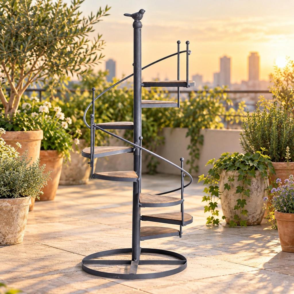 Spiral Stair Plant Stand Freestanding Iron with WoodGrain Shelves MultiTier for Balcony,