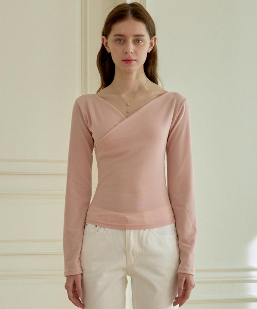 Hillioteu Wrap V Off-Shoulder T-Shirt_Pink