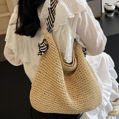 Woven Straw Tote Bag for Women Holiday Wind Beach Straw Bag Women's New Woven Bag Large Capacity Fashion Shoulder Armpit Bag