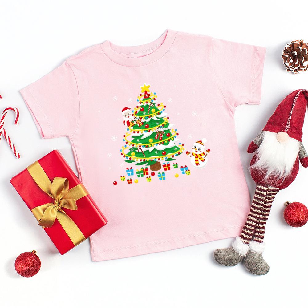 Christmas Tree and Santa Claus Printed Kids T-shirt Christmas Toddler Round Neck Tops Xmas Holiday Short Sleeve Tee Outfits