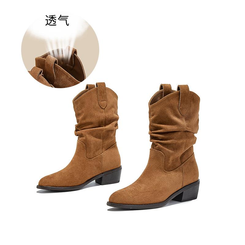 Retro pointed western cowboy boots autumn and winter new casual versatile short boots Maillard boots women