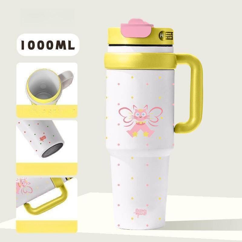 1000ml Ceramic Lined Tumbler with Handle, Large Capacity Vacuum Insulated Coffee Mug,Cartoon Pattern Leakproof Travel Water Cup for Car Office Outdoor