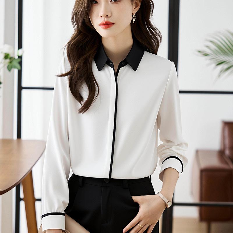Spring 2026 Elegant Color Block Chiffon Women's Long Sleeve Shirt - Slightly Mature and Versatile Design.
